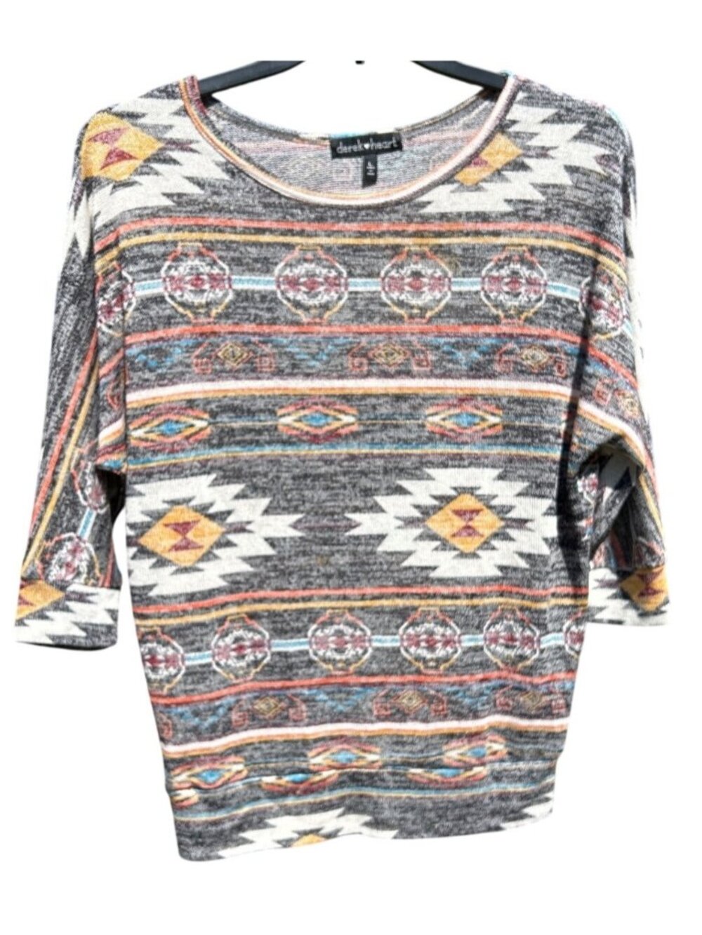 Derek Heart Womens Size Large Boho Aztec Print Knit Top 3/4 Sleeve Lightweight
